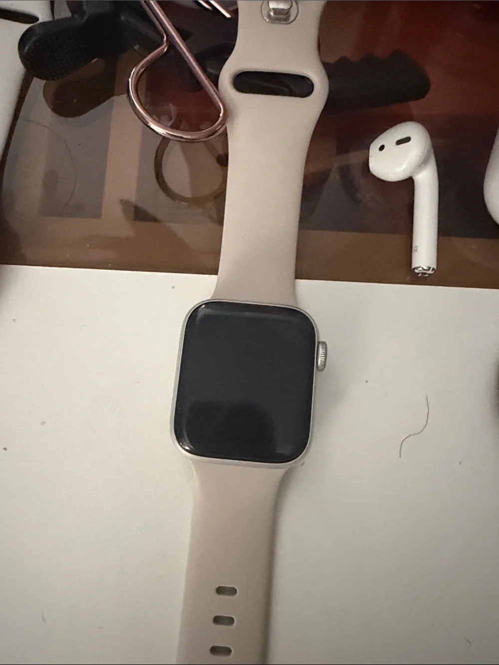 Apple Smartwatch with Beige Silicone Band and Silver Case